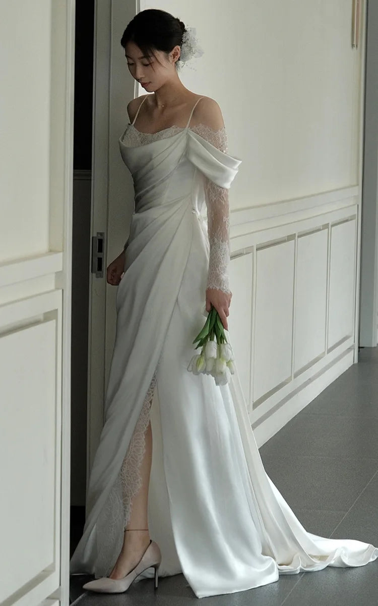 Wedding Dresses For Parties   Satin One Shoulder French Style New Suspender Simple Trailing Lace Dress