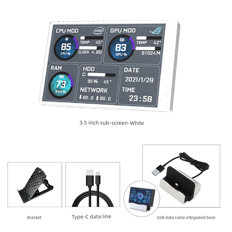 3.5-Inch Computer Sub-Screen IPs Full View USB-C Chassis Sub-Screen Computer Status Monitoring Installation-Free Aida64