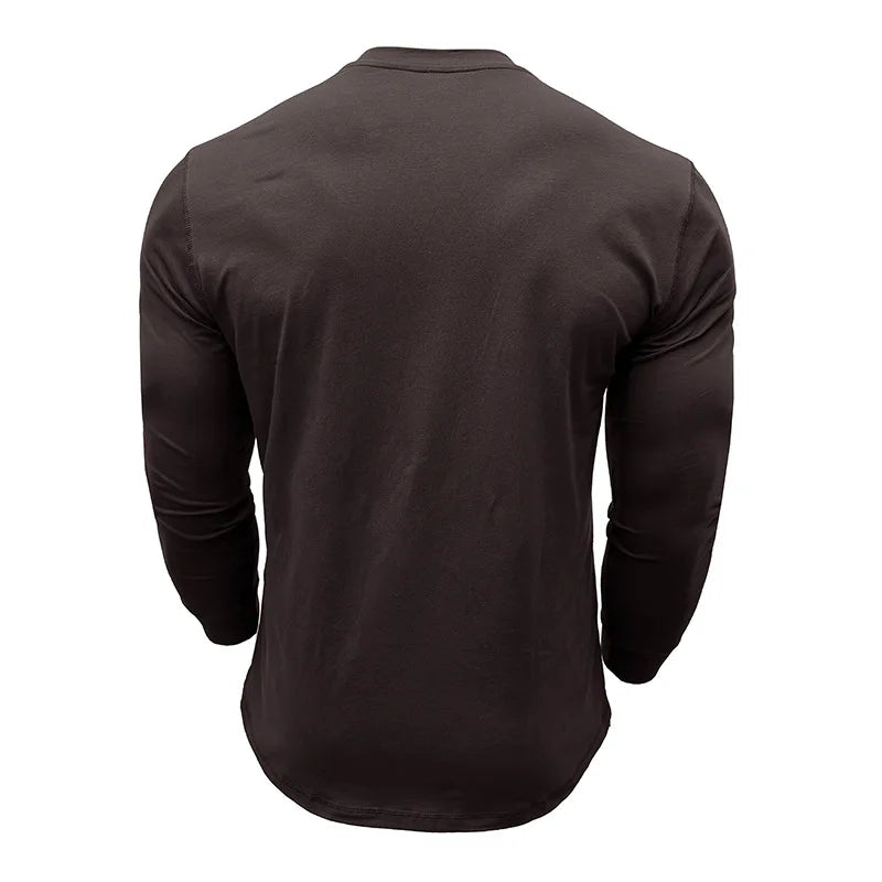 SHiONFA Spring Men's Long Sleeved T-shirt Casual Soft Cotton Base Shirt Placket Front Button Solid Color Pullover