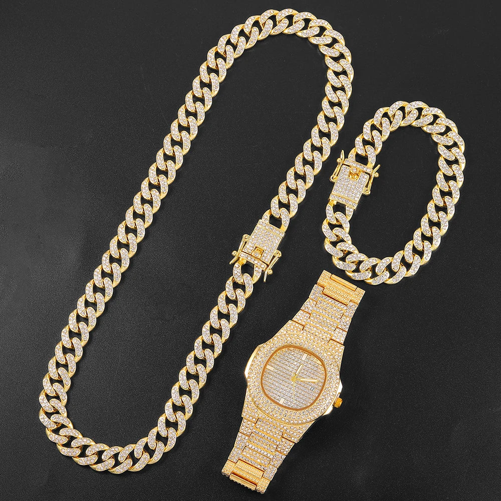 Iced Out Watch 3PCS Hip Hop Luxury Watches Jewelry Set Mens Women Watch Necklace Bracelet Bling Cuban Link Chain Choker Gift