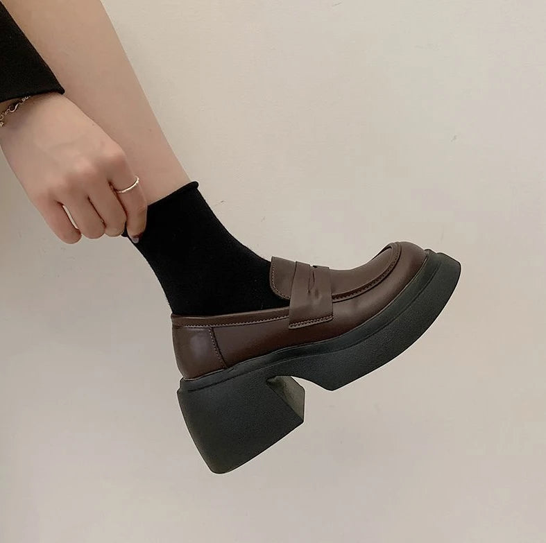 Ladies Pumps Evening Women's Shoes Luxury Leather Casual Cute Kawaii Platform Square Heels Round Toe Shoe Lastest High Quality E