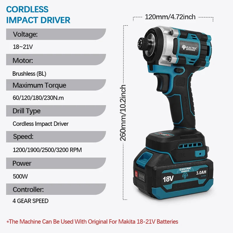 230NM Brushless Electric Screwdriver Multi-function Lithium Drill Cordless Driver Battery Set For Makita 18V Battery Pin