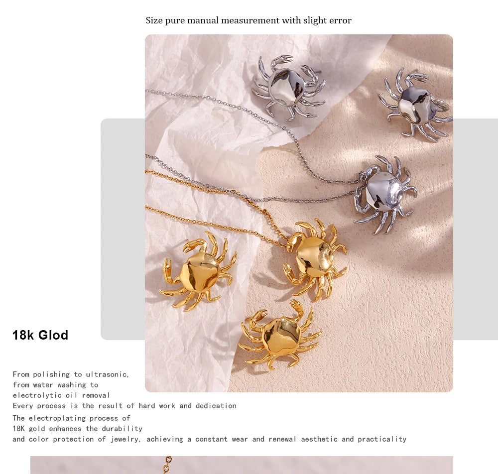 MamacitaSlay 2025 New Design Stainless Steel Crab Pendant Necklace Earrings 2PCS Holiday Party Waterproof Jewelry Set Women