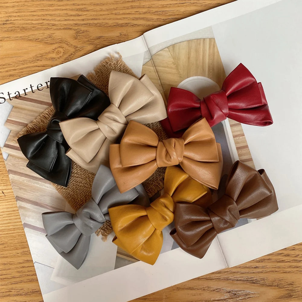 Accessories Hair Ornament Solid Color PU Leather Girls Duckbill Clips Headwear Bow Hairpin Spring Clips Hair Clips