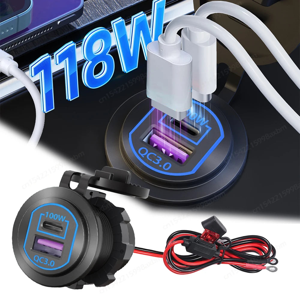 118W 12V USB Outlet Car Charger 100W PD3.0 & 18W QC3.0 Car USB Fast Charging Ports Aluminum Socket for Car RV Marine Golf Cart