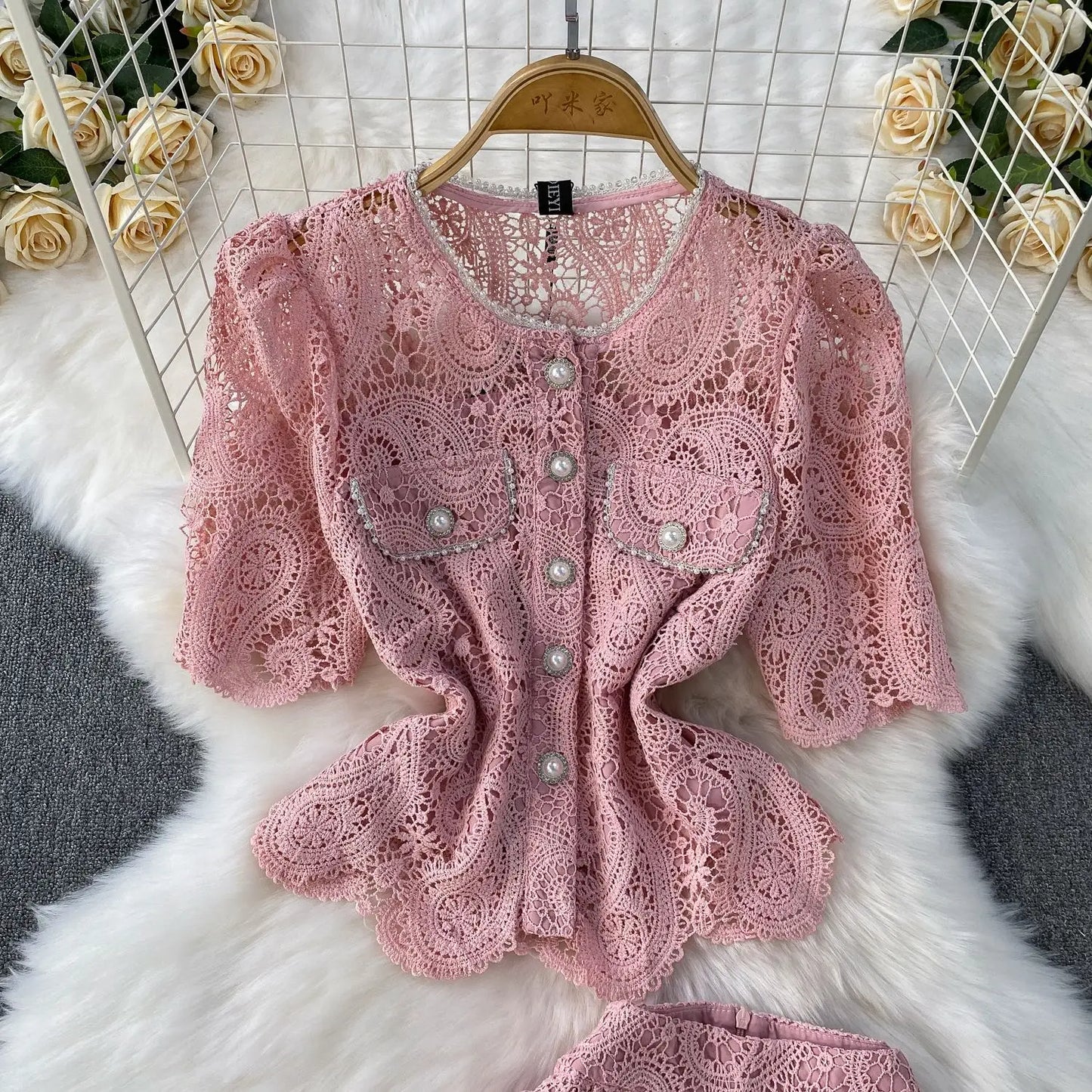 Women Two Piece Sets Skirt Set Embroidery Lace Hollow Out Half Sleeve Shirt Long Skirts A Line High Waist Elegant Work Spring