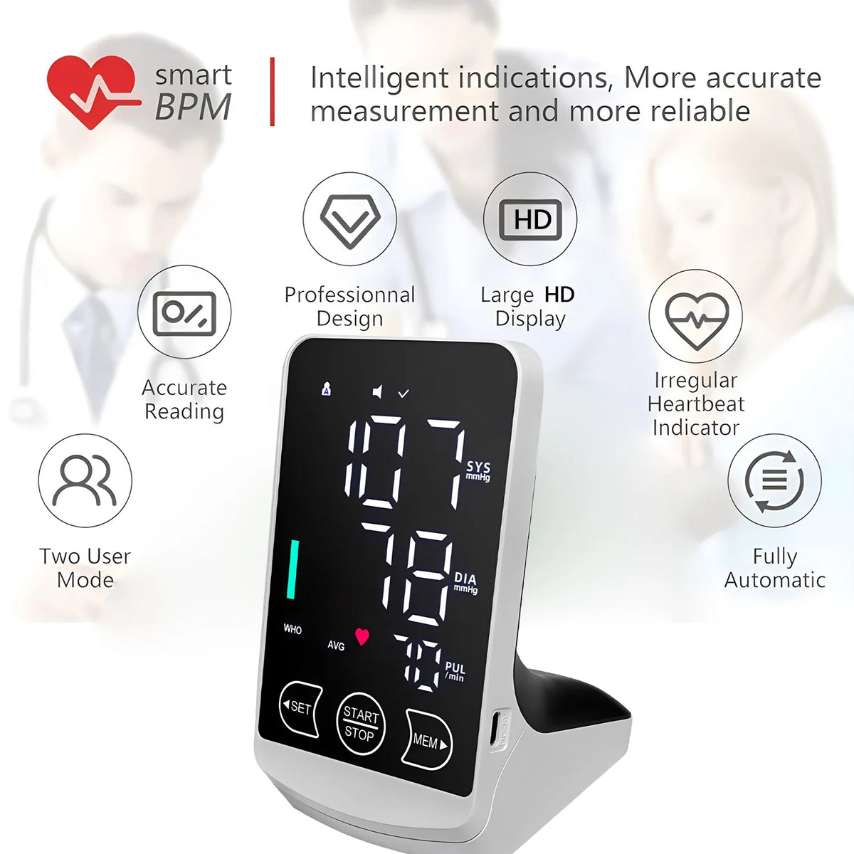 Digital Upper Arm Blood Pressure Monitor Automatic HD Screen Medical BP Measuring Meter