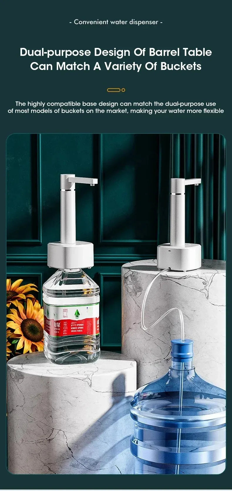 Adjustable Auto Electric Water Pump Dispenser with Foldable Base USB Charging for 5 Gallon Bottles