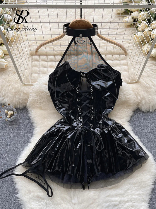 SINGREINY Women Pu Leather Sensual Dress Halter Lace Up A Line Sexy Nightdress+Thongs Sheer Backless Mini Porn Nightwear