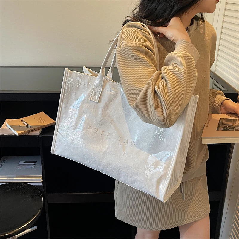 Women's Glossy Leather Tote Bag Letter Print Large Capacity Casual Commuter Shoulder Bag Fashion Daily Shopping Handbag 2026