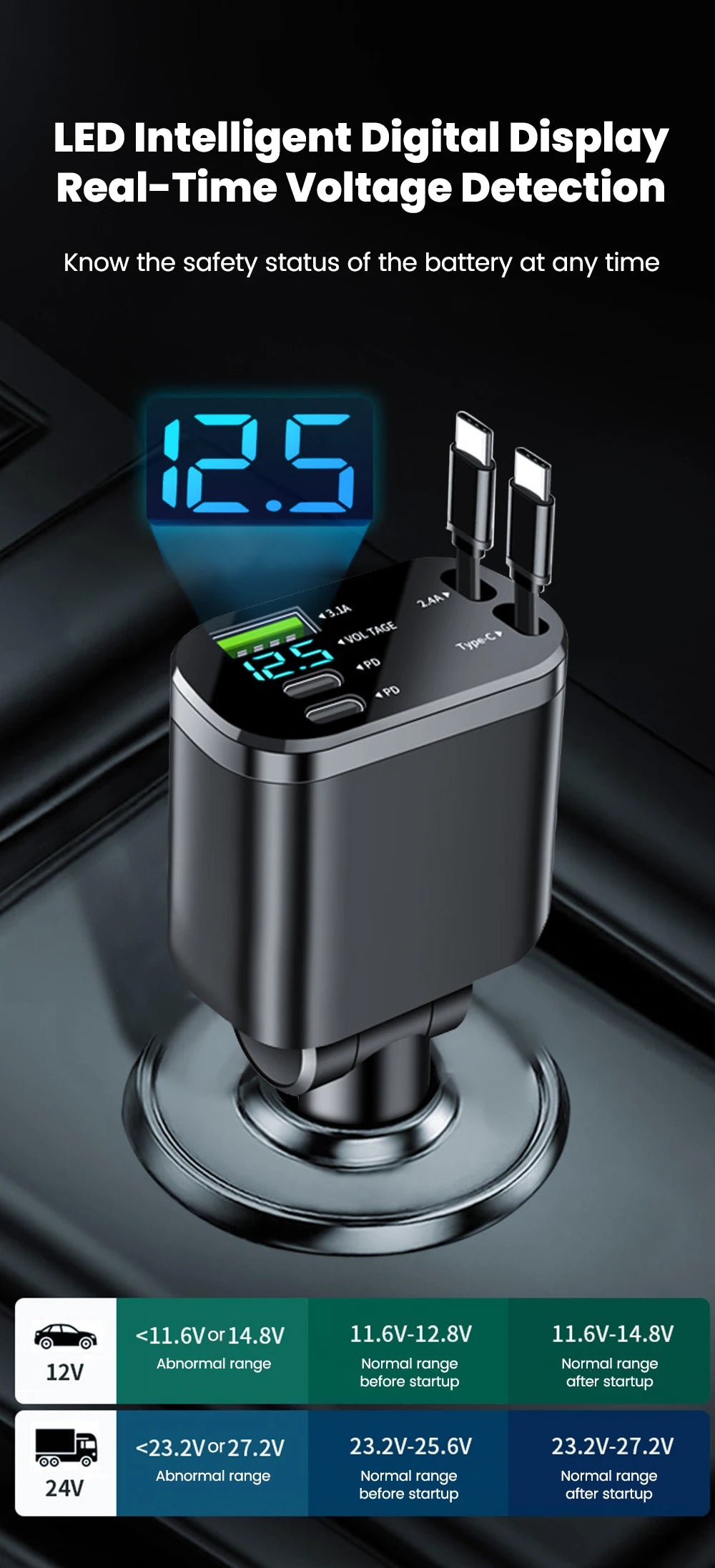 150w Car Charger USB+ Dual Type-C+Dual Type-C Stretching Cable PD Fast Charging Car Phone Digital Display Adapter For Cellphones