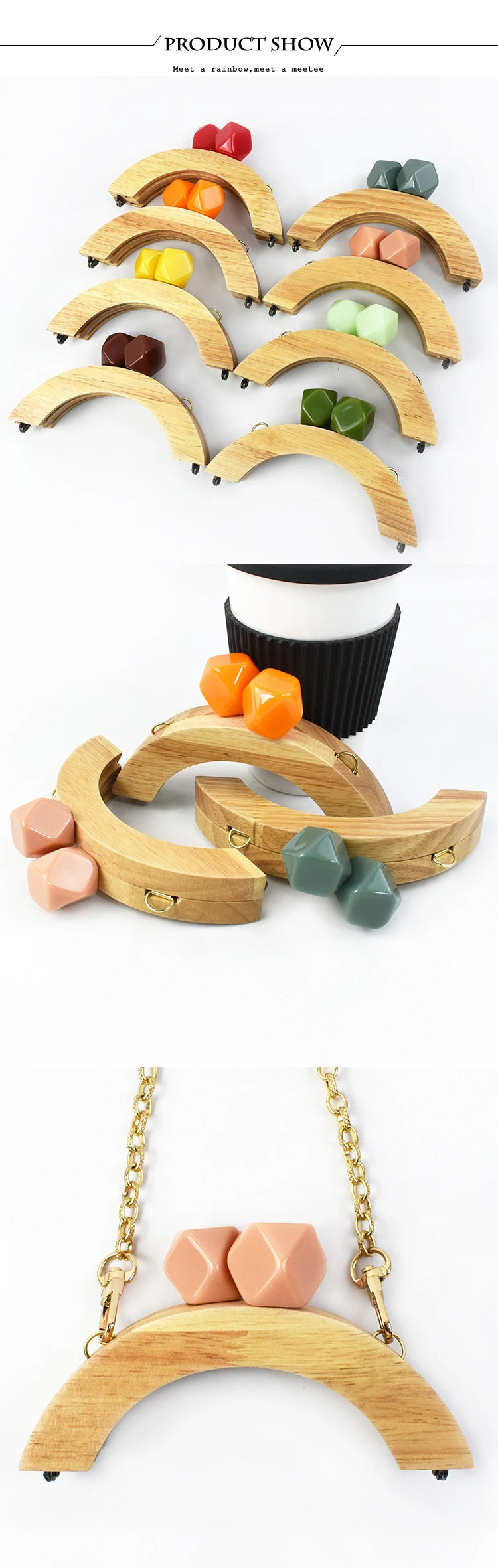 1/2Pcs Deepeel 14cm Wooden Purse Handle Colored Beads Mini DIY Bag Frame Kiss Women Handbag Closure Clasp Handmade Accessories