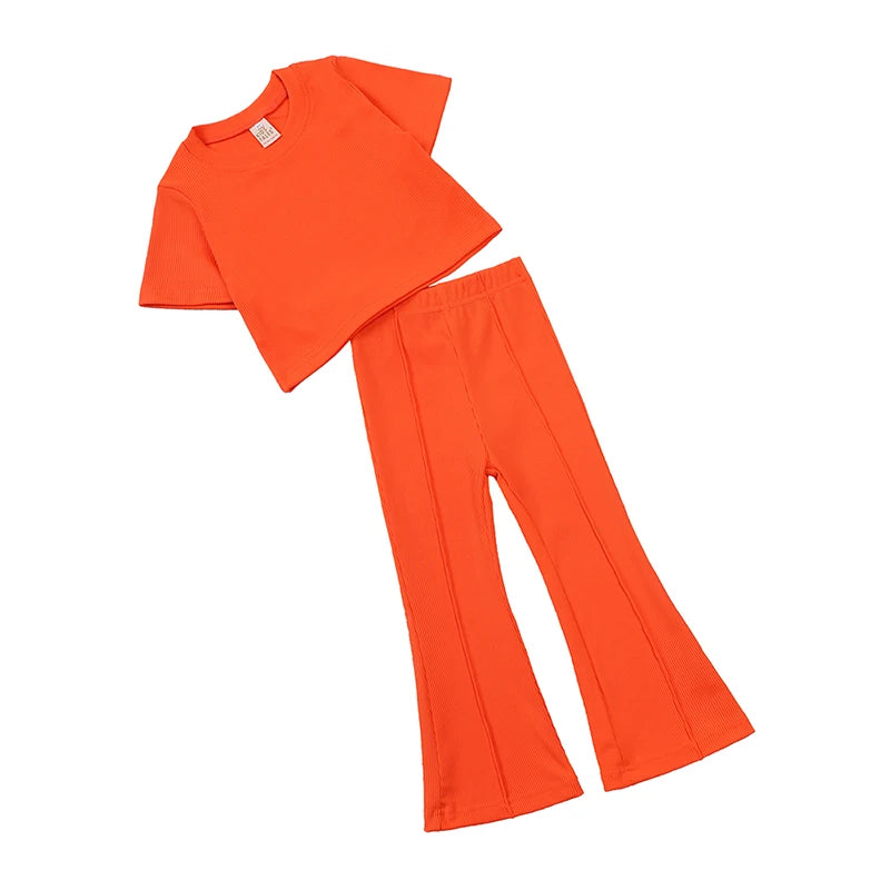 2025 Girls Summer Outfit Sets Toddler Crewneck Tshirt Shirt Top + Bell-Bottom Pants Sets Cute Children Flared Pants Baby Suit