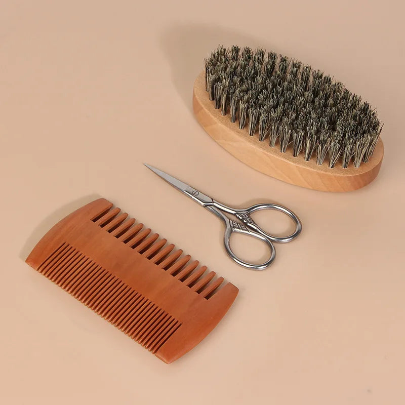 Men's Shaving Brush Set Boar Bristle Portable Barber Natural Beard Brush Comb Scissors for Facial Cleaning Styling Tool
