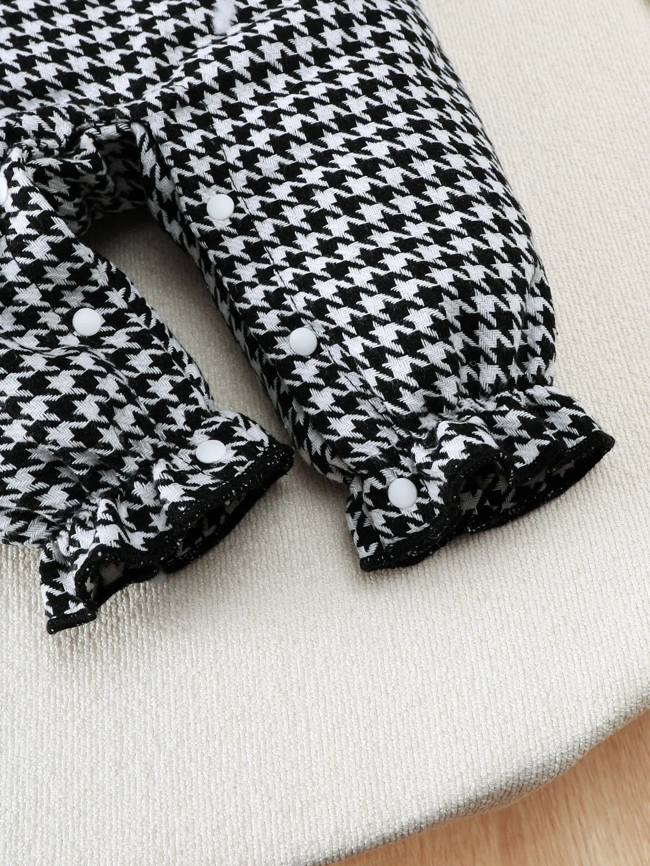 Winter 0-1 Years Old  Infant Baby Girls  Ribbed Fabric Splice  Houndstooth  Long Sleeved Jumpsuit  With  Hairband