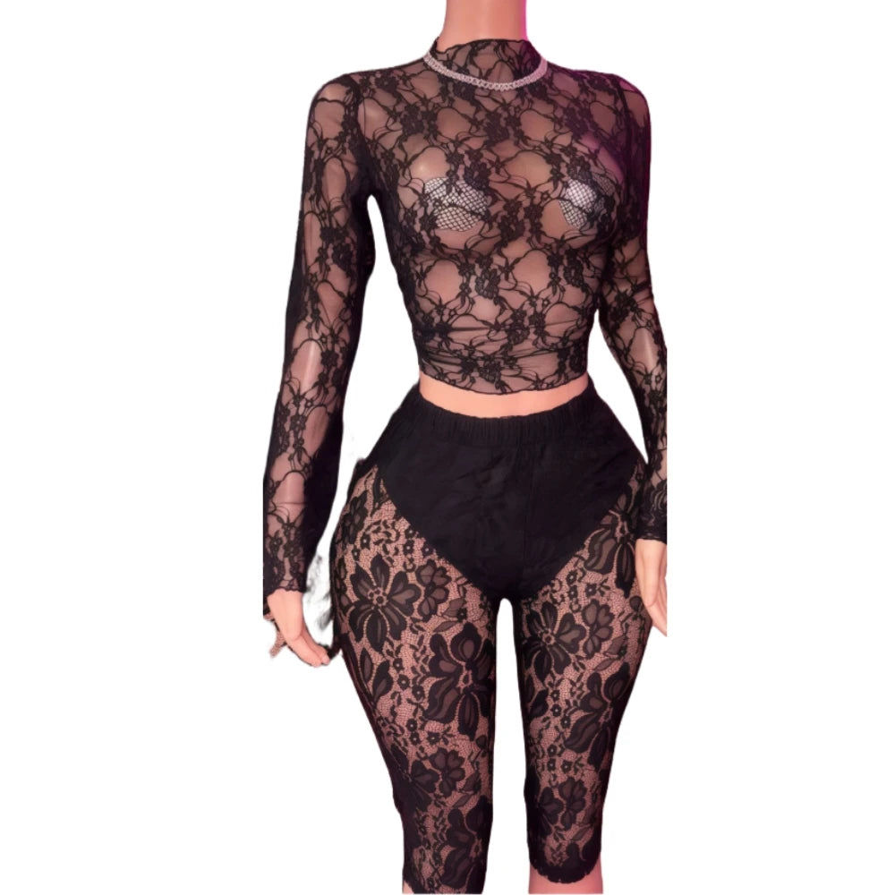 HLJ Y2K Sexy Lace Two Piece Set for Woman Letter Printing See Through Long Sleeve Crop Top + Shorts Suits Female Streetwear New