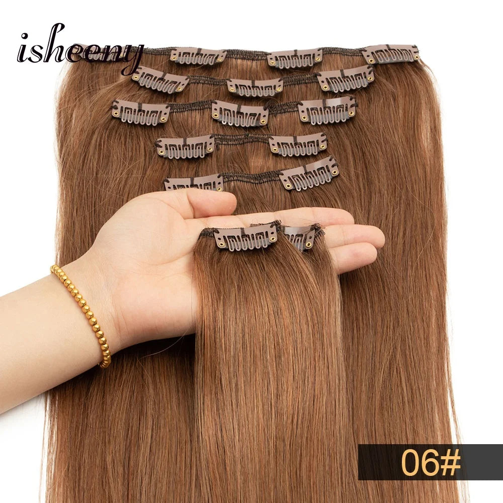 Isheeny 12"-24" Clip In Human Hair Extensions Brazilian Remy Natural Clip Human Hair Extension Real Natural Clip On 50G-120G NEW