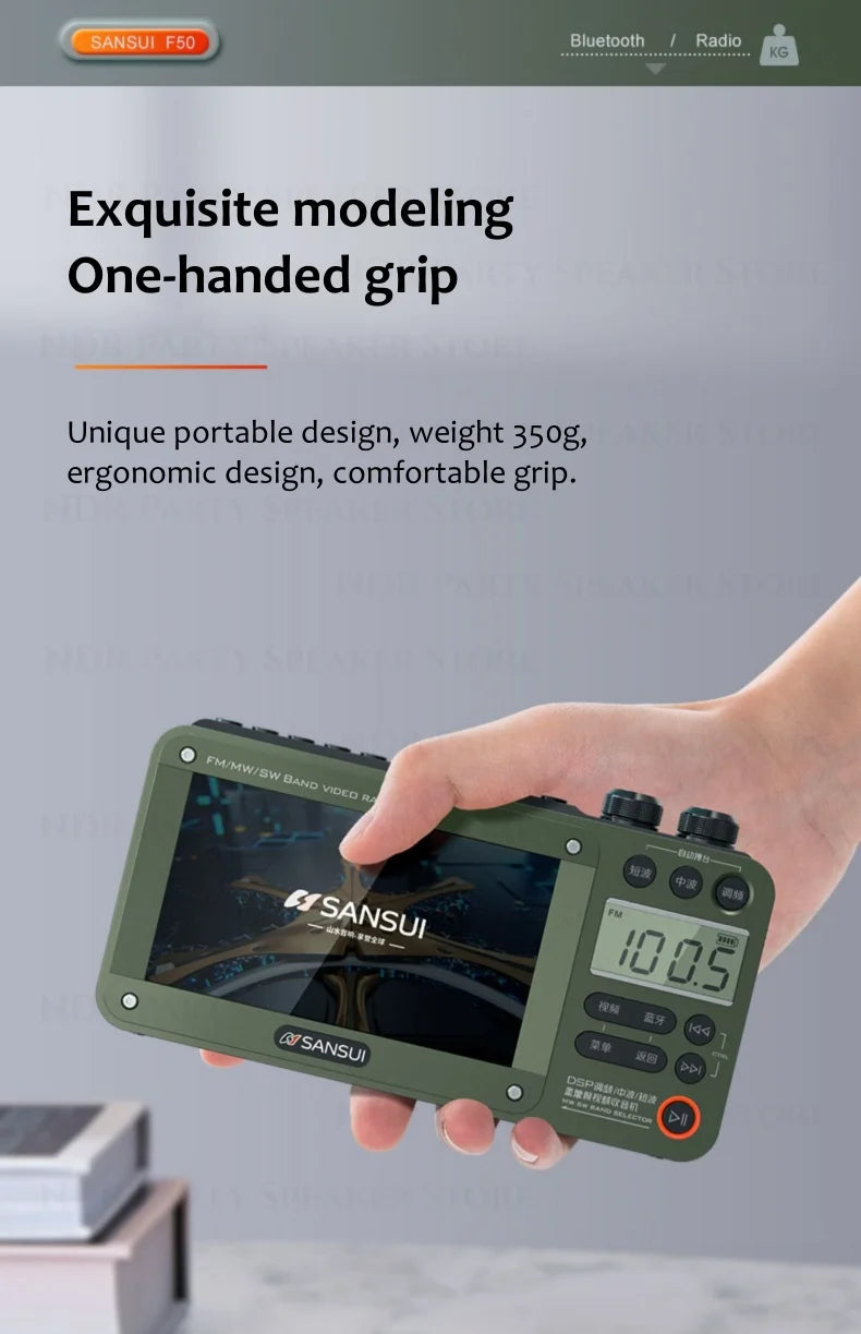 SANSUI Portable FM/MW/SW Radio 7-inch HD LED Display Radio Wireless Bluetooth Speakers Dual TF Card Slot MP4 Video Music Player
