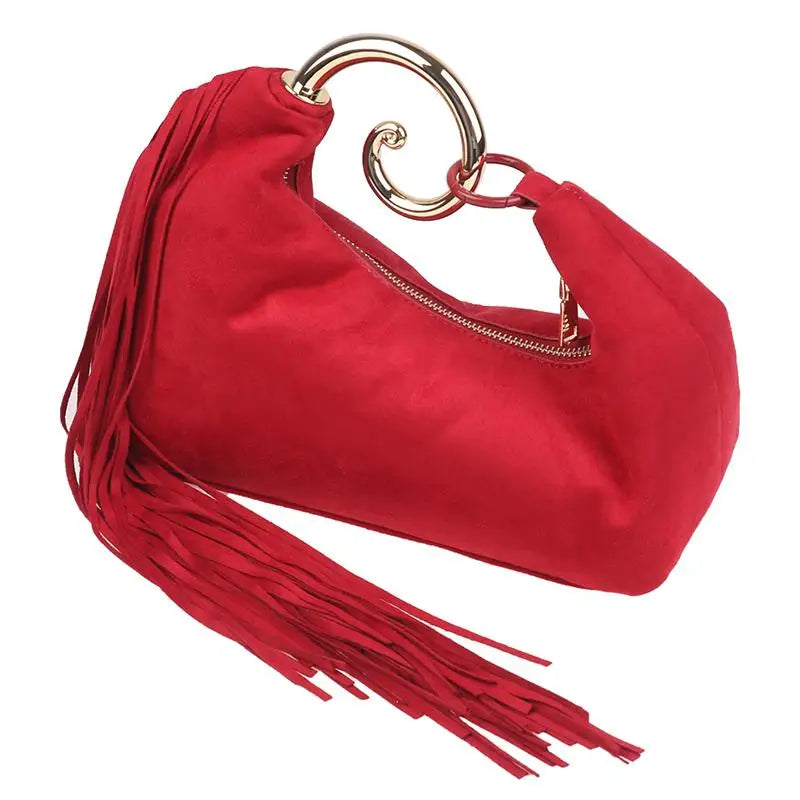 Trendy Vintage Evening Bags for Women, French Luxury Faux Suede Tassel Handbags with Durable Metal Handle