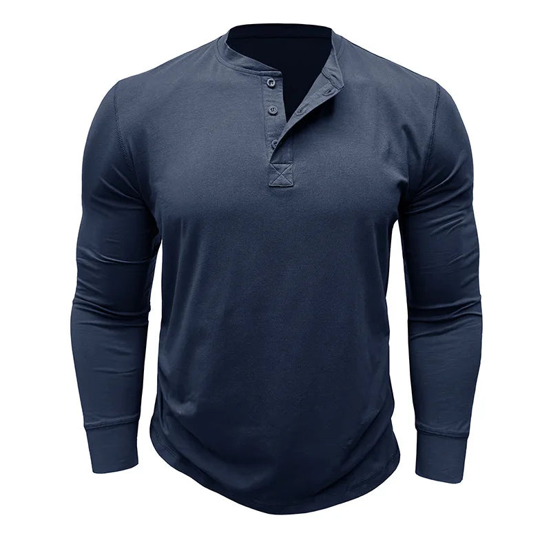 SHiONFA Spring Men's Long Sleeved T-shirt Casual Soft Cotton Base Shirt Placket Front Button Solid Color Pullover