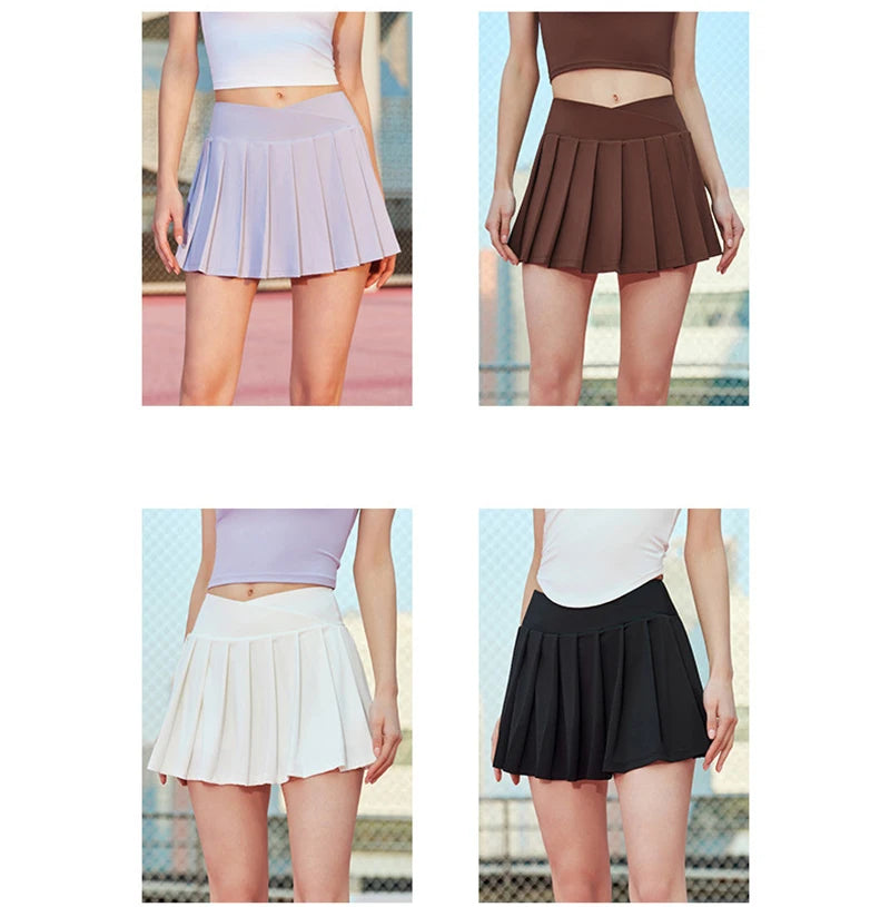 Tennis Fitness Sports Badminton Skirt Golf Wear For Women Solid Dance Pleated Skirt WIth Shorts Pocket Athletic Skort White New