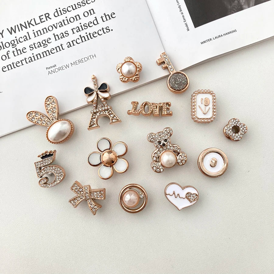 14pcs Sparkling Golden Faux Pearl Shoe Charms Pins Set DIY Detachable Shoe Decoration Suitable For CROCS Clogs Party Gift Idea