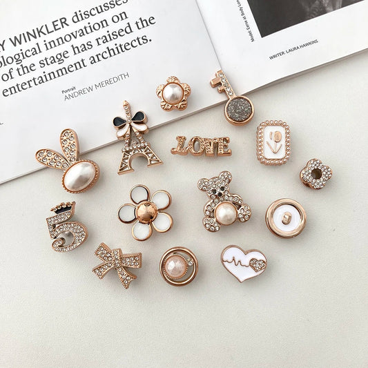 14pcs Sparkling Golden Faux Pearl Shoe Charms Pins Set DIY Detachable Shoe Decoration Suitable For CROCS Clogs Party Gift Idea