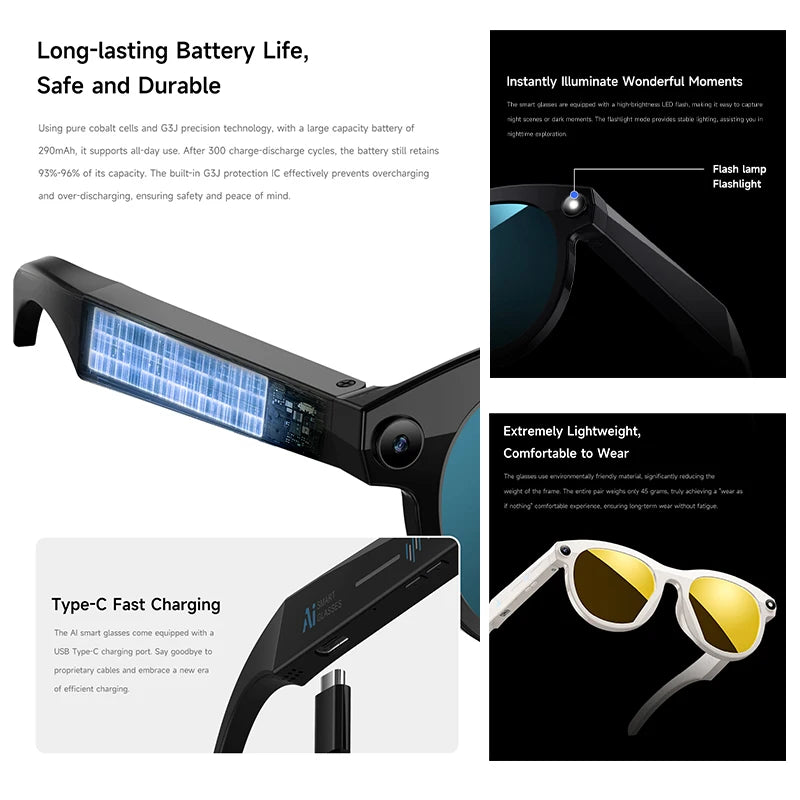 New Intelligent Ai Camera Glasses 200W Pixel HD Shooting Translation Bluetooth Call Intelligent Recognition Sunglasses Men Women