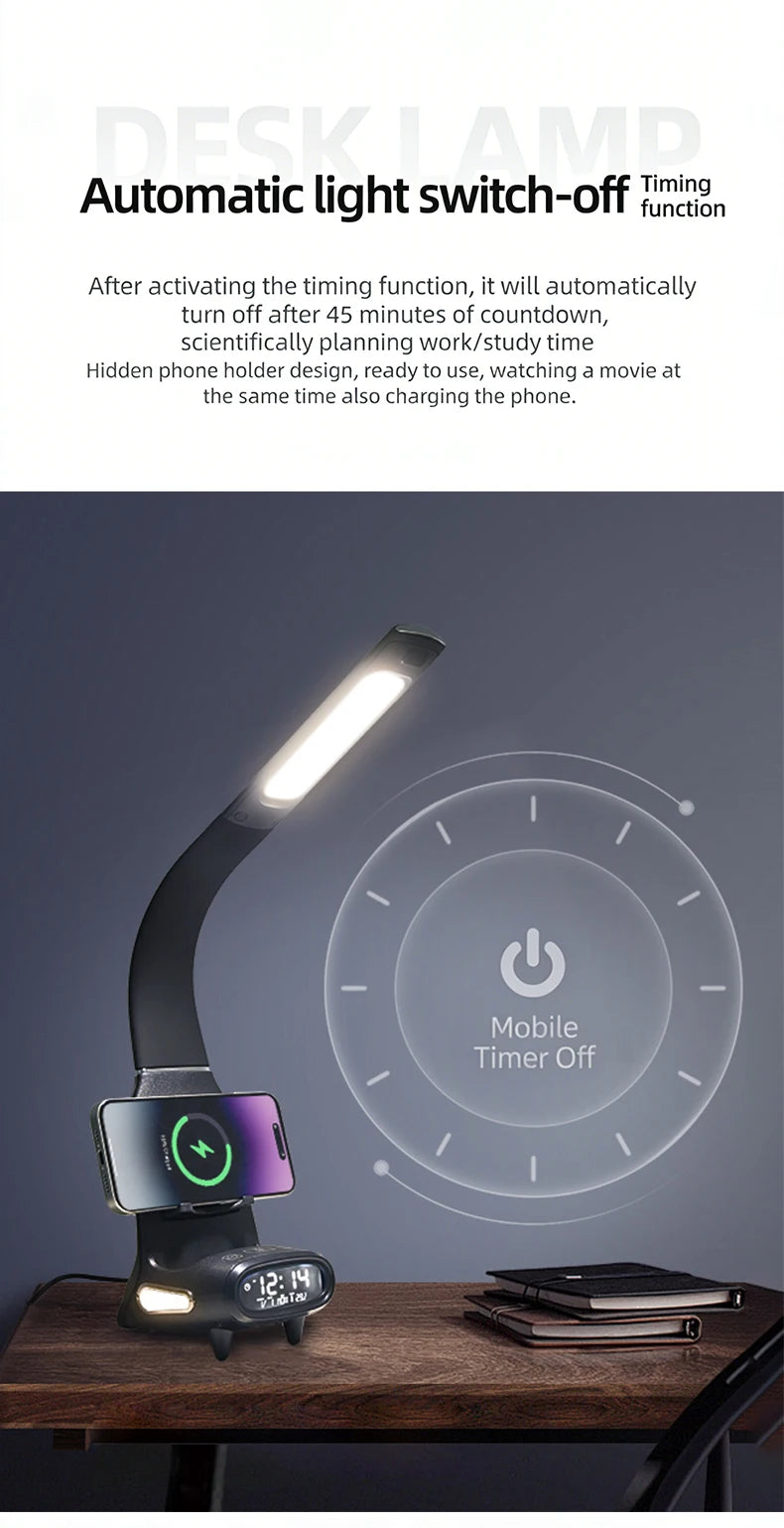 Multi-Function Eye-Protecting Reading Desk Lamp for Students 3000K-6000K Stepless Dimming 15W Wireless Fast Charging Study Light