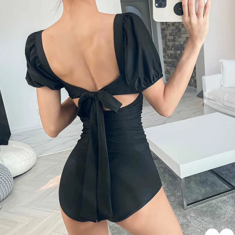 2026 New Women's One-Piece Swimsuit Short Sleeve Thermal Spring Soaking Slimming Waist Cinching Small Chest Student Tie-Bind