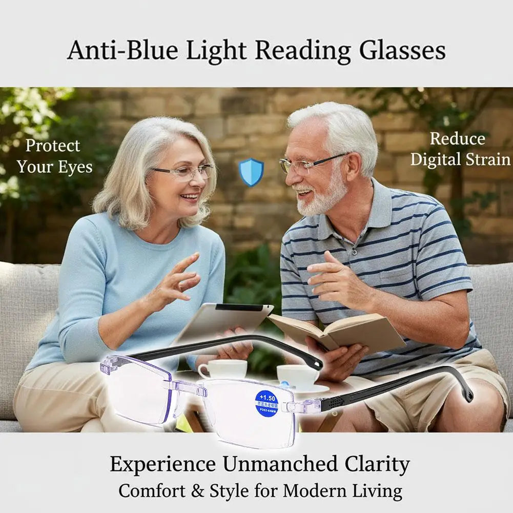 1 Pair New Men Women Rimless Reading Glasses Anti Blue Light Bifocal Far Near Magnification Eyewear Presbyopic Glasses +150 +200