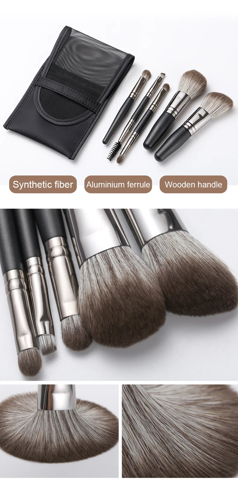 5-Piece Mini Natural Bristle Makeup Brush Set, Travel-Friendly Eyeshadow/Foundation/Blush/Concealer & Lip Brushes Portable Tools
