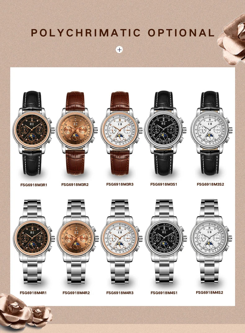 Forsining Fashion Ladies Stainless Steel Case Moon Phase Mechanical Watch Women's Multifunctional Diamond Dial Automatic Clock