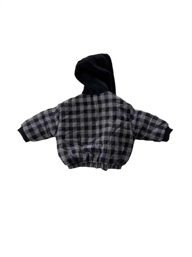 2025 Winter New Baby Warm Plaid Coat Kids Boys Girls Hooded Cotton Padded Jacket Kids Vintage Windproof Tops Children Clothes