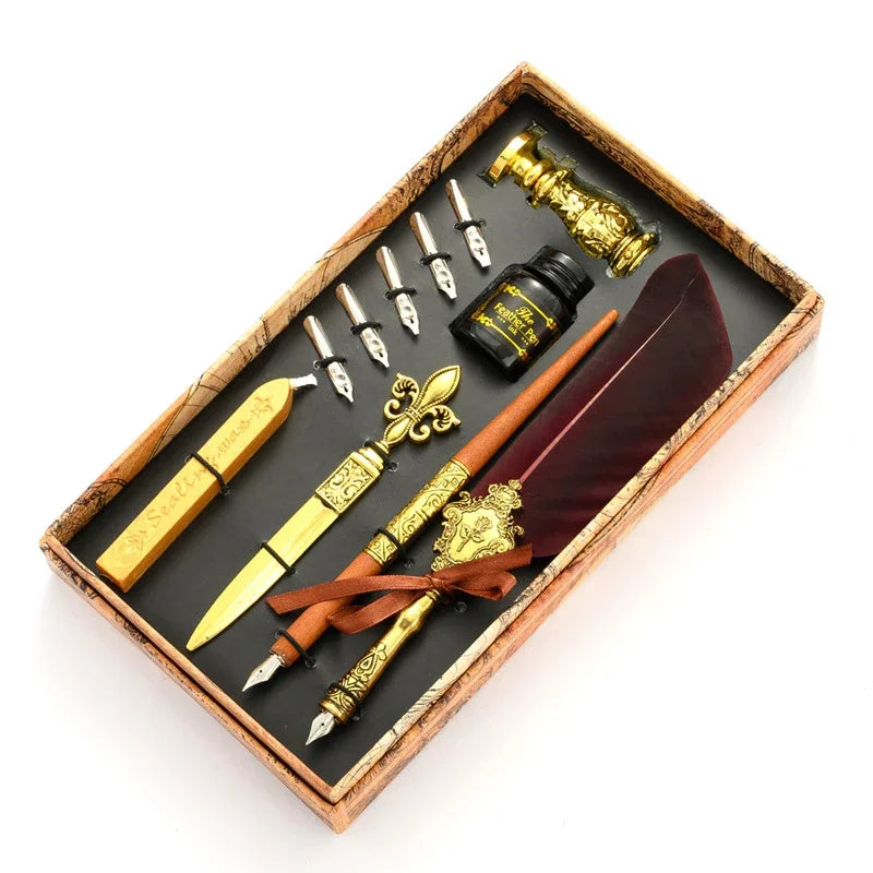Sprinkling Gold Vintage Feather Pen Set Luxury Fountain Pen Ink Bottle Calligraphy Writing Dip Pen Nib Quill Birthday Gift Box