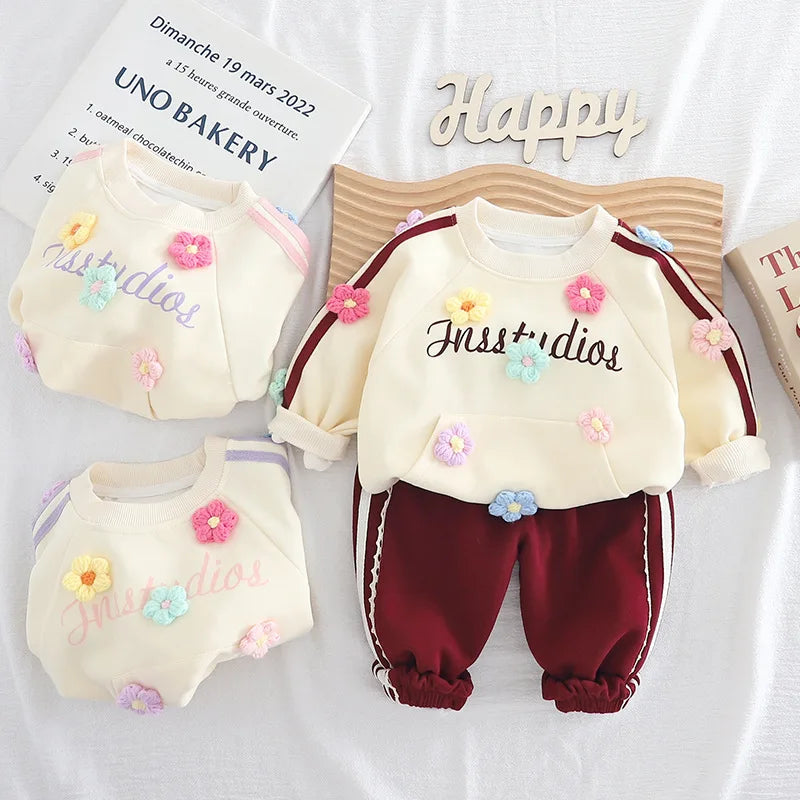 Baby 2Pcs Outfit Set 3D Colorful Flower Decor Raglan Long Sleeve Sweatshirt Striped Jogger Pants Infant Soft Cotton Spring Set
