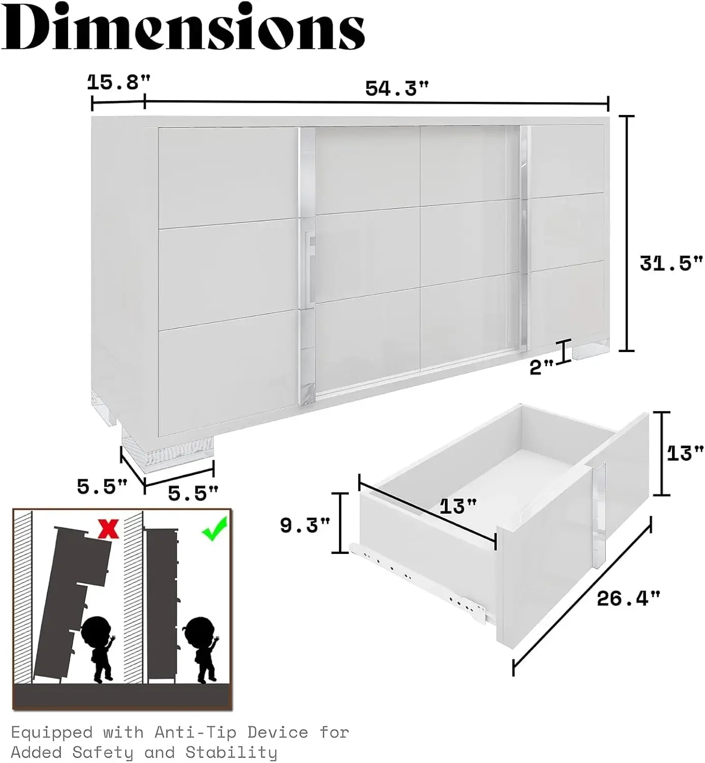 54" W High Gloss 6 Drawers Dressers with Silver Grooved Handles, Modern Storage Chest of Drawers with Wide Tabletop, for Bedroom