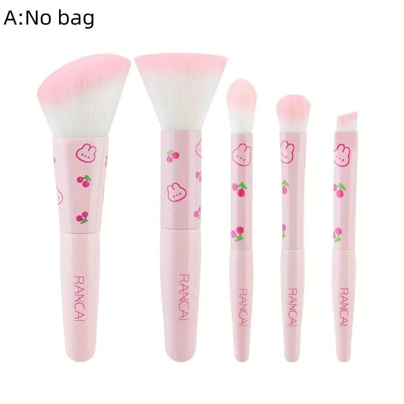 5pcs Cute Compact Makeup Brush Set With Case Premium Brush For Flawless Foundation Blush Eyeshadow Application Beauty Tools