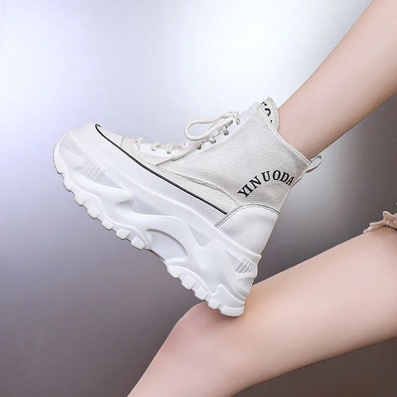 Women Sneakers High Top Platform Breathable Leather Shoes 2023 Autumn Ladies Wedges Casual Shoes For Woman Sports Dad Shoes 8CM
