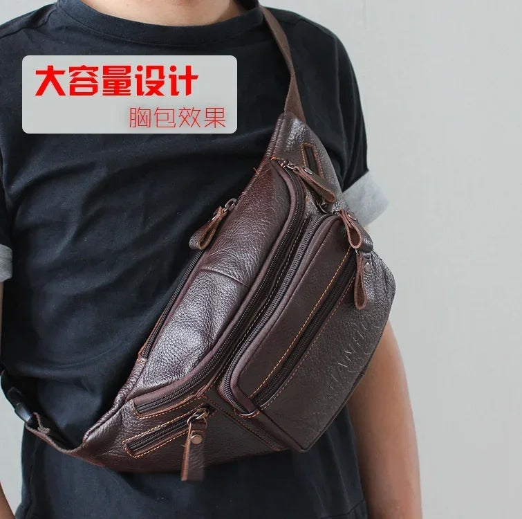 Genuine Cowhide Leather Waist Bag Men Funny Pack Belt bag Phone Pouch Multiple Pockets Hiking Running And Cycling fanny pack 가방