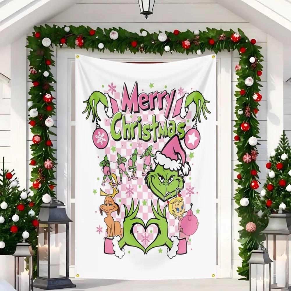 New Christmas Door hanging Green Haired Monster Christmas Flag Red Green Yard Outdoor Decoration Party Scene Decor