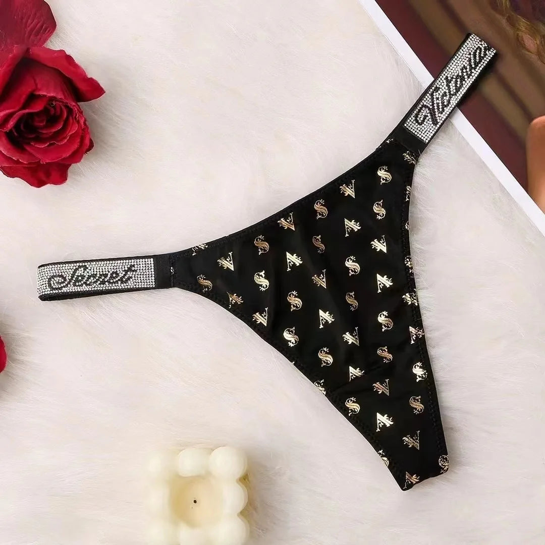 Fashion large size printed women's underwear comfortable rhinestone sexy underwear pink brand thong seamless t-pants metal chain
