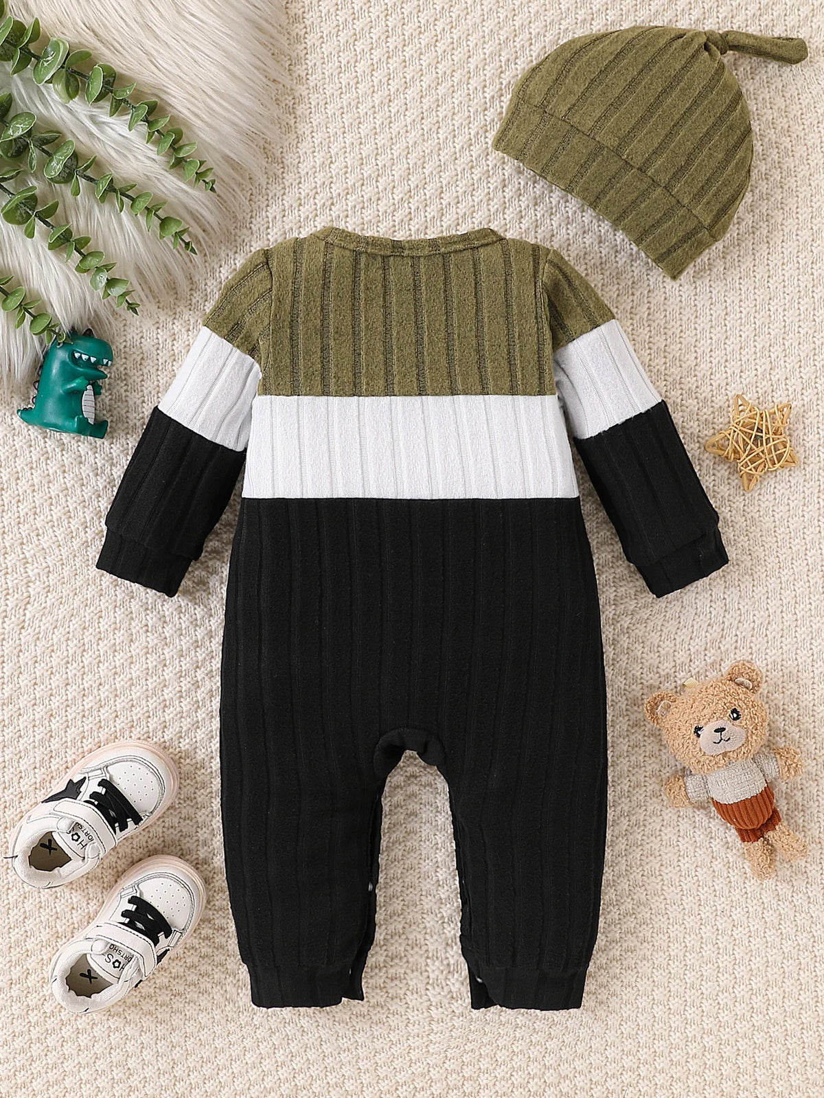 Baby Knitted Onesie Set Two-Piece Fresh Forest System Color Block Stripes Snap Bottom Soft Knitted Comfortable Warmth