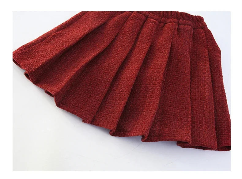 design winter teen girl clothes set beaded round neck jacket+Pleated skirt 2pcs Christma junior children outfit kids suit 4-14