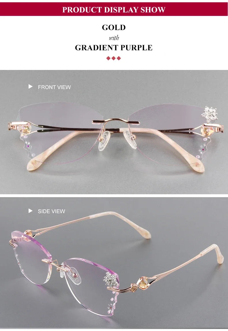 Butterfly Female Eye Glasses Titanium Gray Red Lens Diamond Trimmed Rimless Spectacle Frames Women Sunglasses Tint Lenses