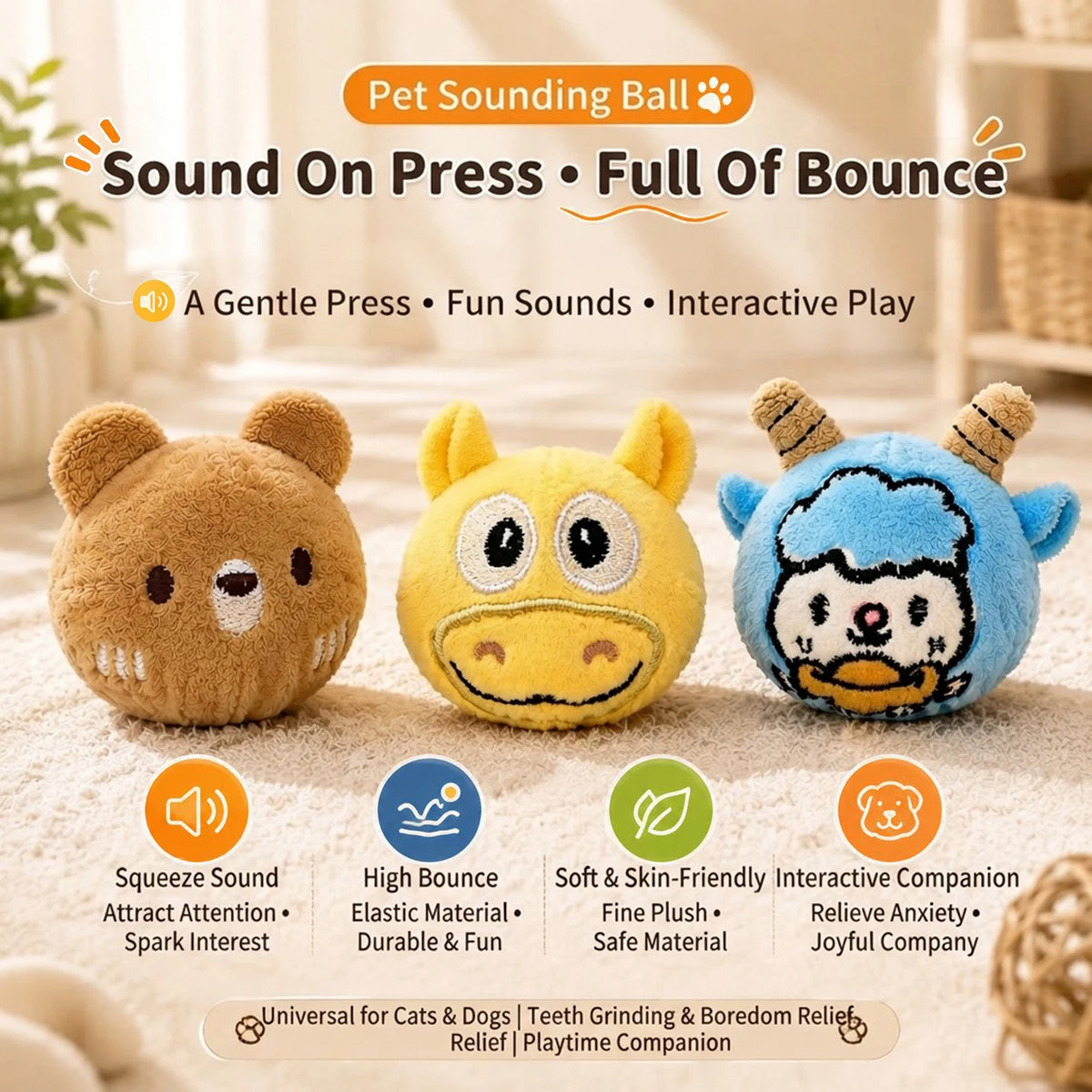 Cute Cartoon Plush Bouncy Ball Pet Toy Interactive Chew Toy for Dogs & Cats Ideal for Indoor Play of Small and Medium Pets
