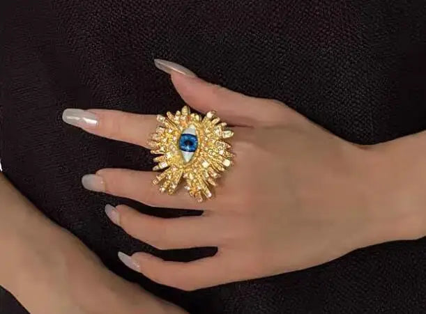 Exaggerated Sparkling Crystal Eye Earrings Retro Luxury Open Ring Brooch Earring Set