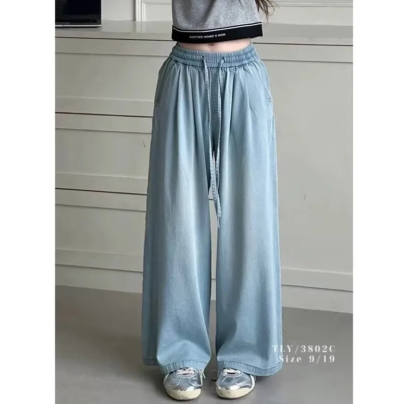 2025 Summer Girls Tencel Cotton Jeans Straight Wide Leg Thin Loose Pants for Big Kids Wholesale Trendy
