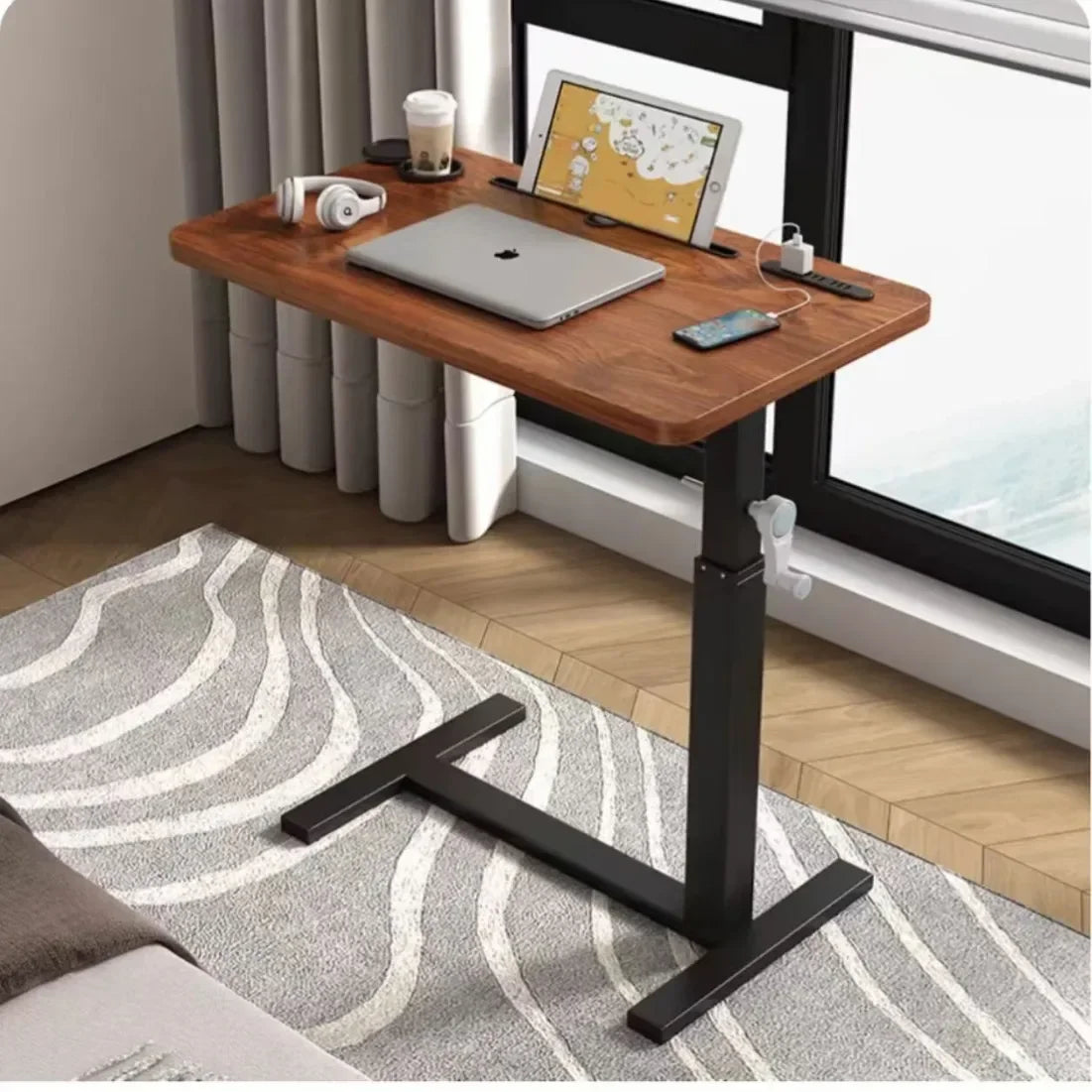 Square Small Side Table Bedside Table Household Mobile Desk Bedroom with Wheel Easy Lifting Learning Desk Space Saving Tea Table
