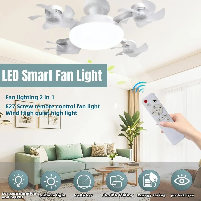 E27 Socket Ceiling Fan 2-in-1 Silent LED Fan with Remote Control 3-Color 3-Speeds Adjustable Ceiling Fanlight for Home Bedroom